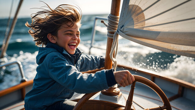 Boy at the helm of a small sailing boat laughing as wind whips hair while jubilating during a sharp turn generative AI
