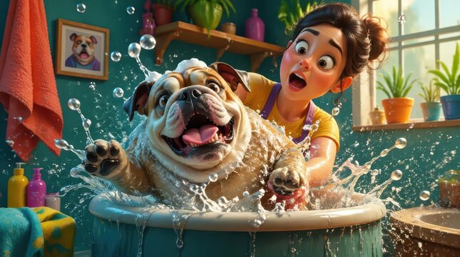 A cinematic widescreen capture of splashing water erupting from a circular tub as an energetic bulldog creates a chaotic bath time scene with his owner, showcasing expressive 3D animation style.