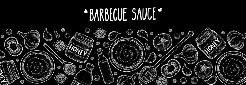 Elegant barbecue sauce packaging frame with hand drawn engraving illustration. Detailed vintage sketch border for barbecue branding. Vector drawing illustration. Chalkboard style