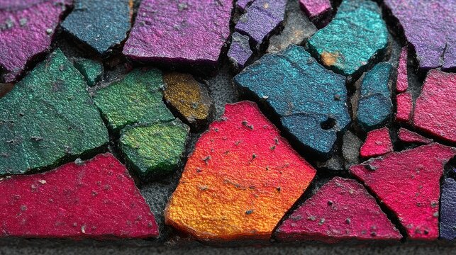 Vibrant Multicolored Fragments of Cracked Paint on Rough Surface Texture