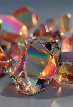 Colorful Iridescent Crystal Pieces Reflecting Light in Abstract Composition