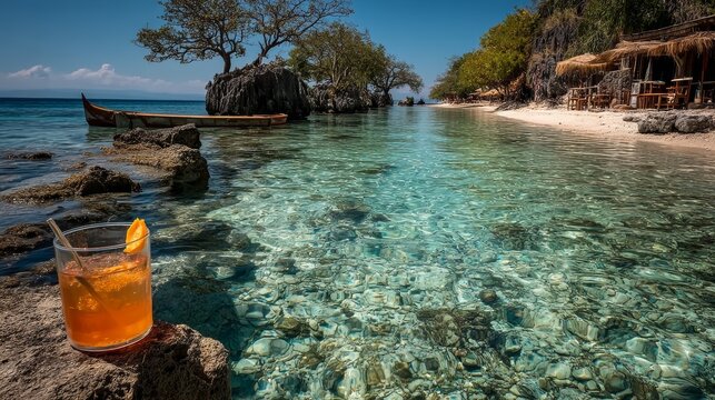 Refreshing Tropical Drink on a Serene Beach with Crystal Clear Water and Lush Trees