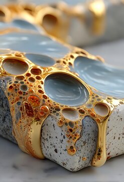 Stunning Abstract Artwork with Brown and Gold Bubbles on Grey Background