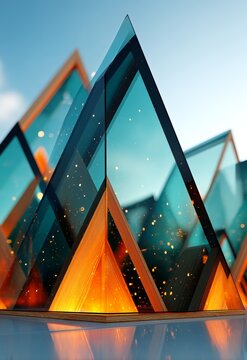 Stunning Glass Structures with Angular Designs and Warm Light Reflections