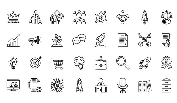 A collection of business and success related vector icons featuring briefcase, target, trophy, handshake, light bulb, growth chart, money bag, teamwork, leadership, rocket launch, office building, str