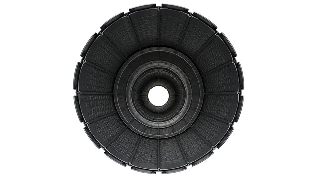 Detailed Rear Exhaust Nozzle of a Jet Turbine Engine Isolated on White Background. Industrial Aerospace Component Featuring Complex Mechanical Design and Metallic Construction for Advanced Aircraft.