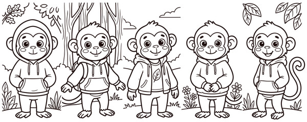 Coloring book page with five cute little monkey characters in forest. © Amina