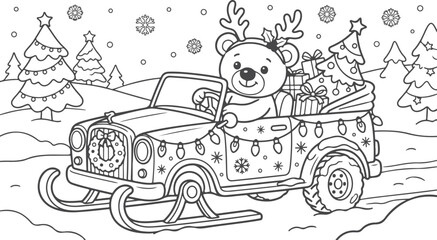 Adorable teddy bear wearing reindeer antlers drives festive car with Christmas tree and gifts, snowy landscape, winter holiday fun. © Sadhin