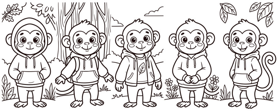 Coloring book page with five cute little monkey characters in forest.