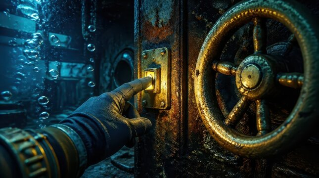 Macro detail of a frog diver wearing a tactile gloved hand reaching to press a glowing button on a rustic deep sea submarine hatch with an iron steering wheel in a cinematic widescreen composition.