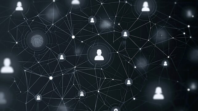 A digital network visualization showing interconnected user icons and a fingerprint symbol, representing digital identity, security, and social connections.
