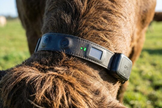 Smart livestock tracking collar with LED indicator on a brown and white cow