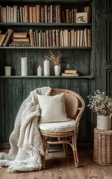 Cozy and Inviting Reading Nook with Books, Candles, and Soft Textiles in Warm Tones