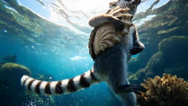 Ring tailed lemur swimming gracefully through clear turquoise ocean water while clutching a large seashell. Underwater wildlife exploration clip, high quality cinematic footage of rare sea adventure.