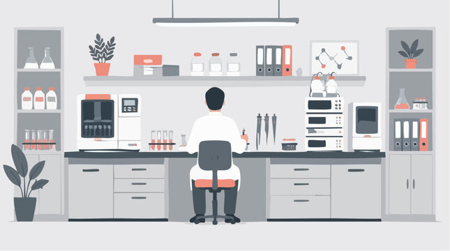 Symmetric composition of a researcher working at a laboratory desk with scientific equipment and chemical glassware, featuring a professional scientist in a clean, modern, flat vector illustration sty