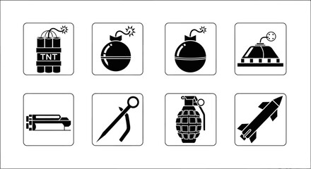 Naklejka premium Explosive Devices Icons Set: Dynamite, Bombs, Grenade, Rocket, Missile, Mine