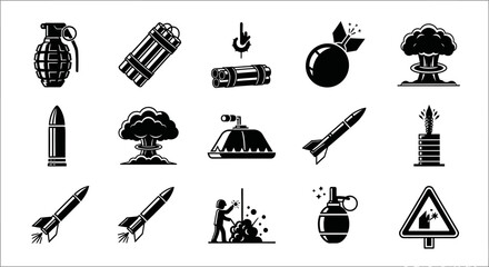 Naklejka premium Explosive Weapons and Danger Icons Collection: Grenade, Dynamite, Bomb, Rocket, Mushroom Cloud