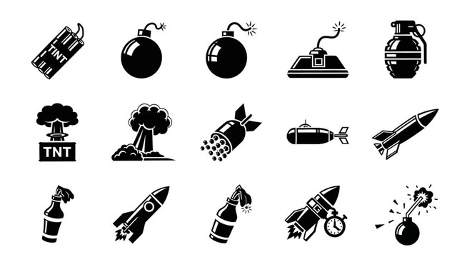 Explosive Danger Icons: Bombs, Grenades, Rockets, and TNT Set