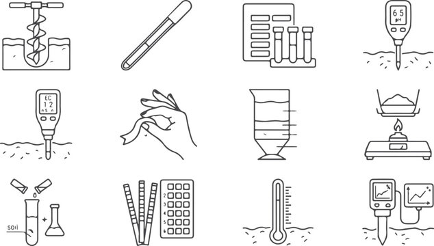 Collection of scientific laboratory equipment and tools for soil analysis on transparent background.