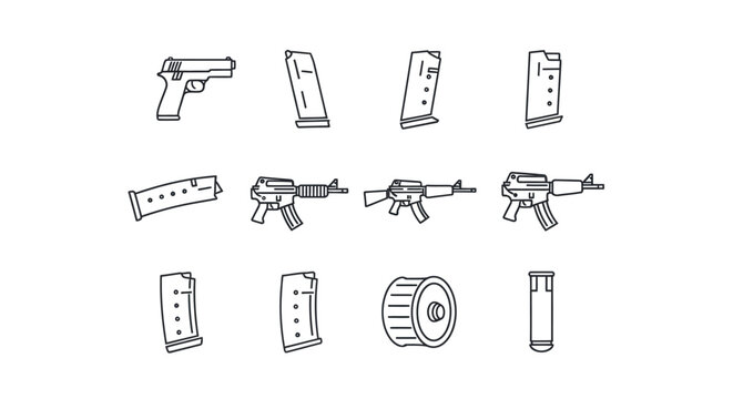 Set of Hand-Drawn Firearm Icons: Pistols, Rifles, Magazines, and Bullets
