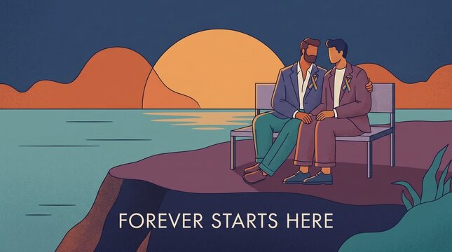 A serene sunset moment for a loving LGBTQ+ couple, celebrating connection and commitment. Perfect for Pride month, this illustration captures the beauty of shared romance