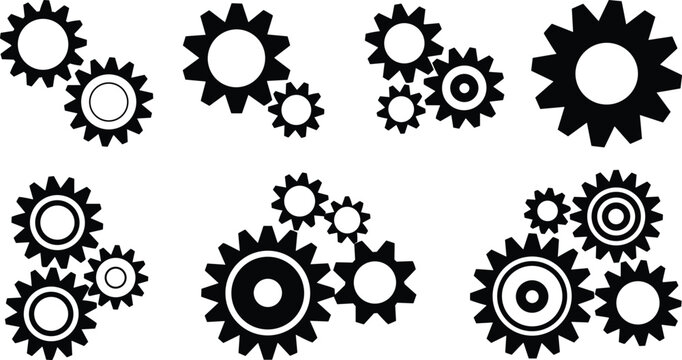 Black Gear Wheel Silhouette Icon Set with Mechanical Cog Symbols for Industrial Engineering and Technology Concepts