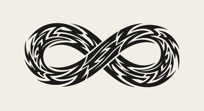 Black tribal infinity symbol tattoo design, endless loop on beige background