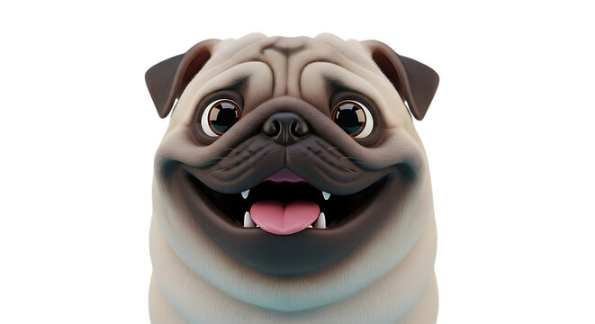 Adorable cartoon pug with expressive eyes and wide smiling mouth on transparent background detailed 3d rendering of a cute dog face for playful design elements