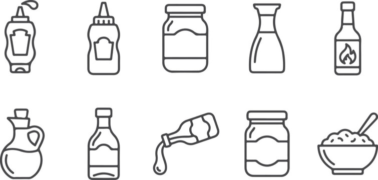 Assortment of condiment bottles and jars in line art style on transparent background vector.