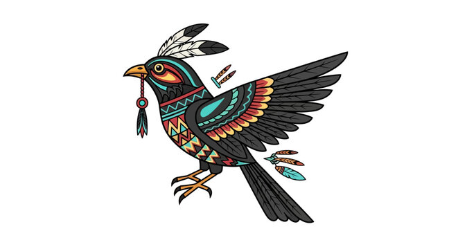 Tribal Bird with Feathers and Geometric Patterns, Native American Inspired Art
