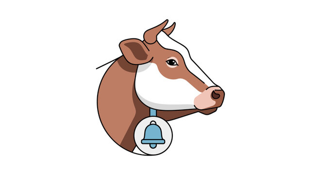 Cute cartoon cow head with bell icon, farm animal illustration, isolated on white background
