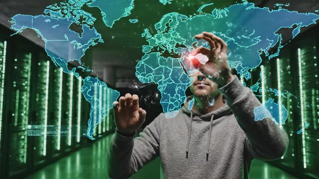 In an advanced data center brimming with green light, a user shapes a virtual world map using hand gestures, illustrating the intersection of technology and creativity in real-time data exploration.