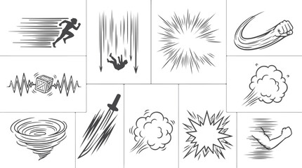 Action comic effects, speed lines, falling person, fist punch, tornado, comic explosion, action graphics on transparent background. © Sadhin