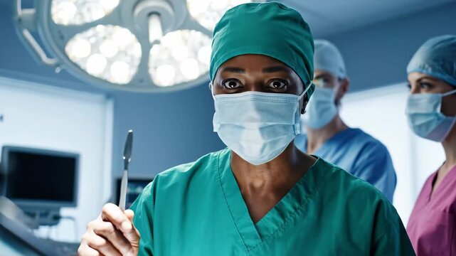 In a bustling operating room, a skilled surgeon focuses intently, flanked by a devoted team. Their expressions reveal both determination and commitment to patient care in a high-stakes environment.