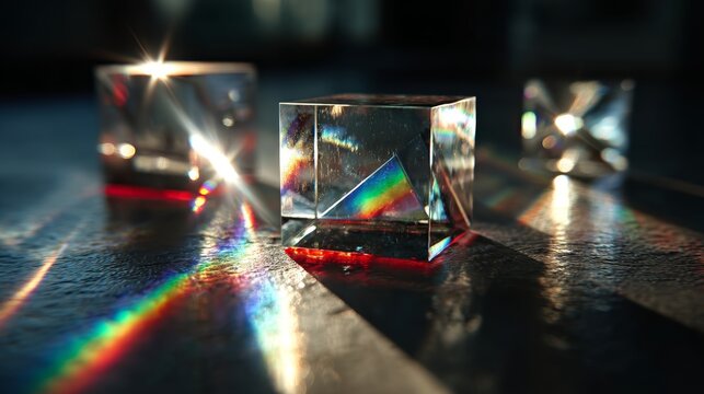 Colorful Light Refraction Through Transparent Glass Prisms on Dark Surface