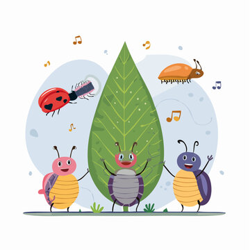Cute cartoon bugs singing and dancing around a large leaf