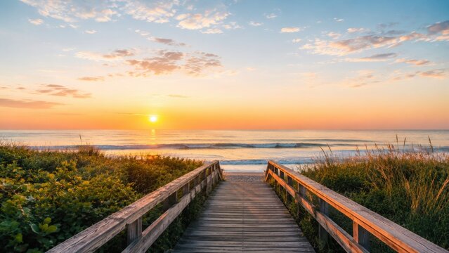 Sunset at the beach with wooden path