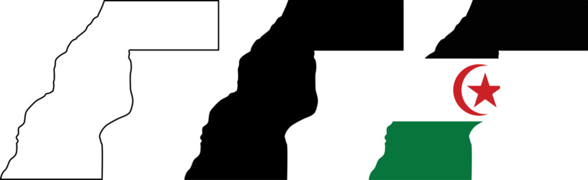 Western sahara map outline, silhouette and flag map