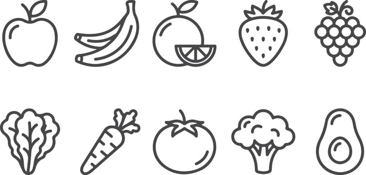 Outline icons of fresh fruits and vegetables, healthy food collection.