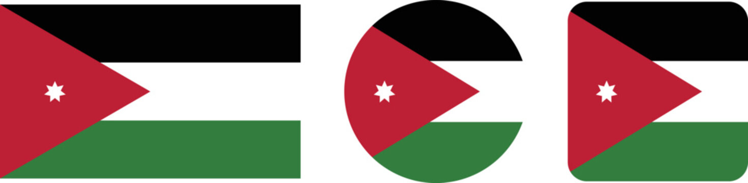 Jordan flag icons set in rectangular, circular and rounded square shapes