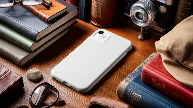 Stylish smartphone with protective case on wooden table among vintage items and books