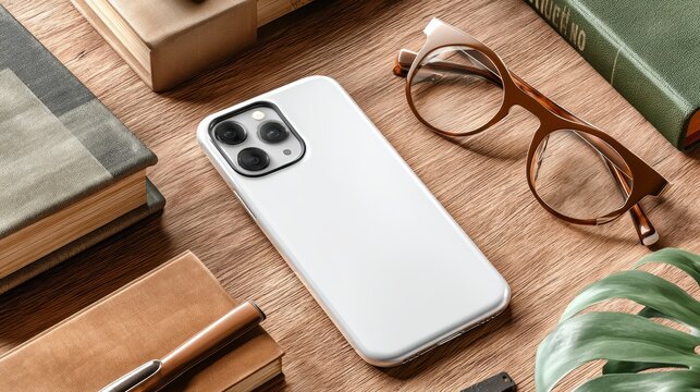 Stylish Smartphone on Wooden Surface Surrounded by Books and Glasses in Bright Setting