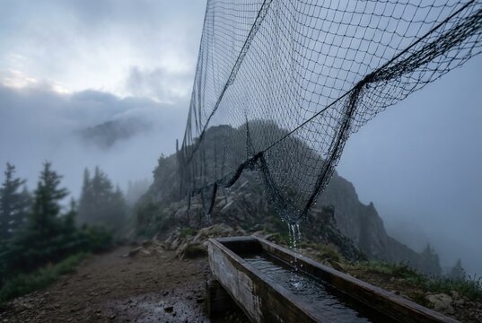 Fog net mesh structure collecting water droplets on a misty mountain ridge