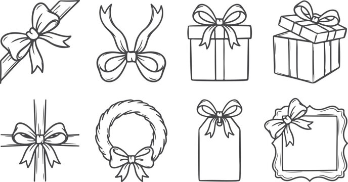 Gift wrapping elements in outline style bow ribbon gift box tag wreath on transparent background holiday decor.
