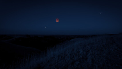 Fototapeta premium Blue hour time with lunar eclipse, stars and planets above landscape silhouettes.