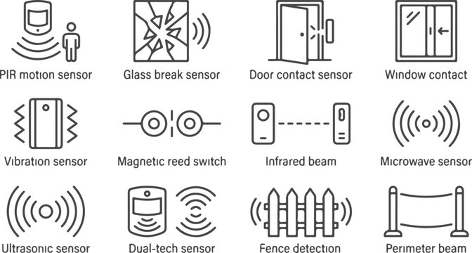 Security sensor icons set showing motion glass break door window vibration magnetic reed and fence detection.