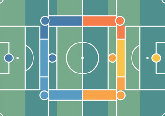 Soccer field with blue and orange player positions marked  strategy game board layout © Khatunay JANNATARA
