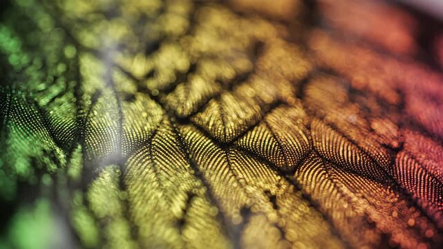 Macro closeup of shimmering butterfly wing scales with flowing iridescent color transitions, showcasing natural biological patterns and light diffraction.