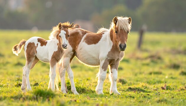 Two brown and white ponies standing.