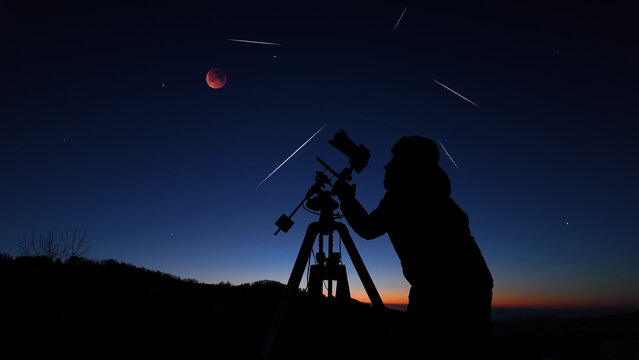 Amateur astronomer observing stars, planets, Moon eclipse and other celestial objects.